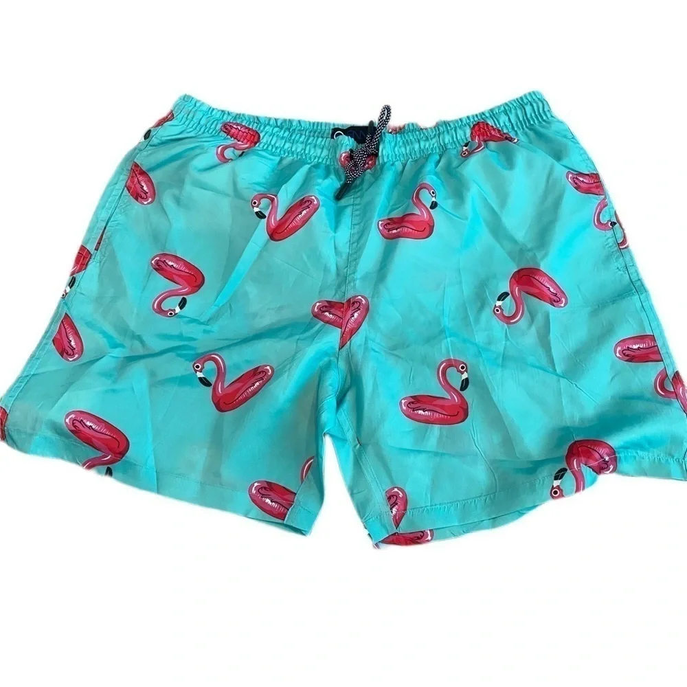 Oennea Mens Swim Trunks Aqua with Pink Flamingos - XL